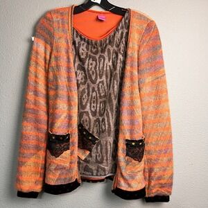 SAVE THE QUEEN Italy Striped Cardigan Sweater Set Orange Leopard Print Boho Sz S